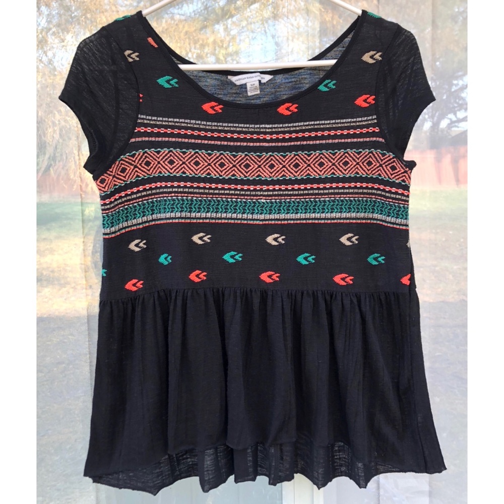 American Eagle Outfitters Black Top with Colorful Patterns